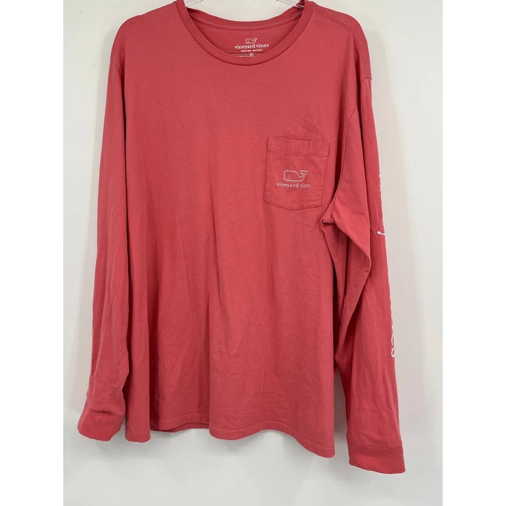 Vineyard‎ Vines Mens XL Long Sleeve Pocket T-Shirt Coral Pink Whale Graphic Tee